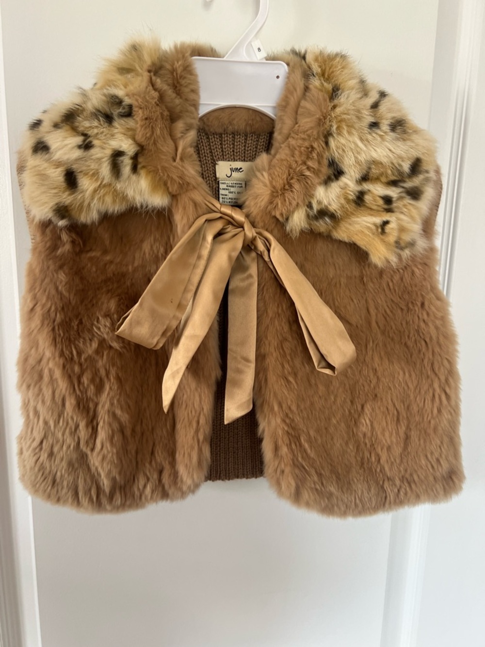 June -  Girls' Tan Faux Fur Cape with Leopard-Print Collar and Satin Bow